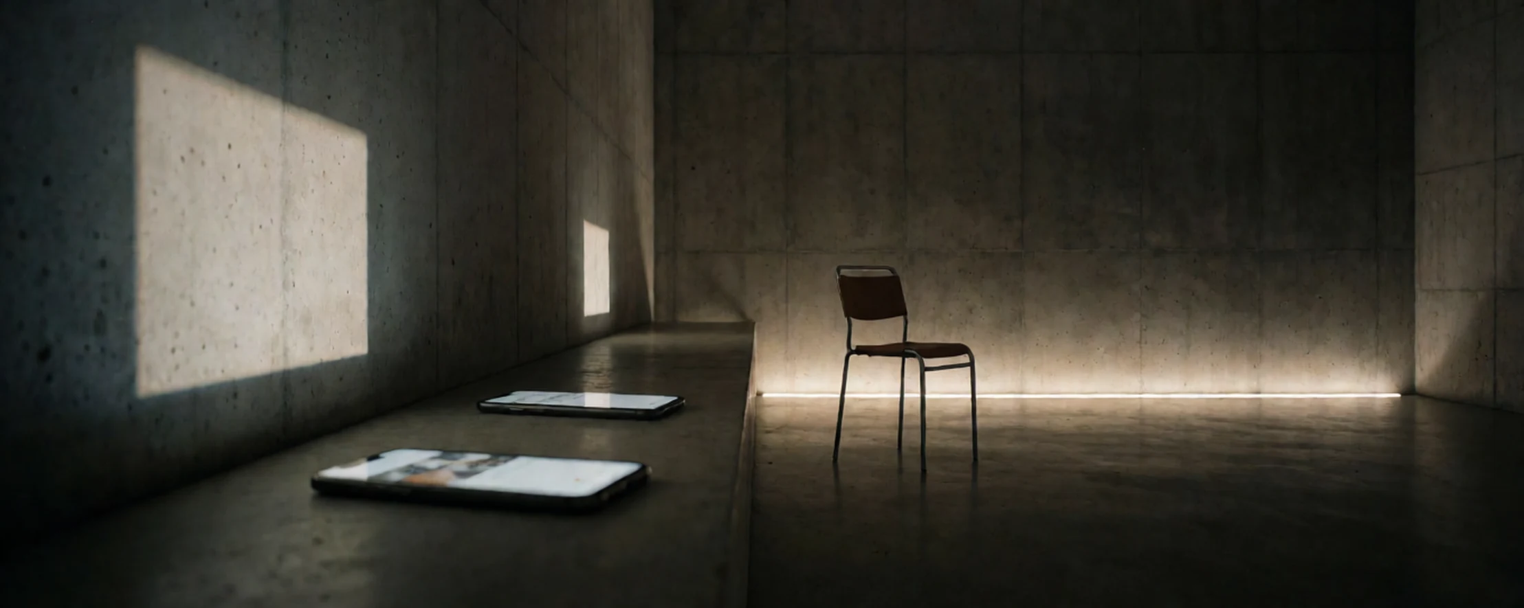 Dark minimalist bedroom with a low bed, black metal chair, round ottoman, and concrete walls.